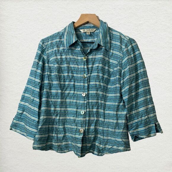 Austin Reed Womens Blue Striped 3/4 Sleeve Button-Up Shirt 8 Silk Blend Western - Picture 1 of 9